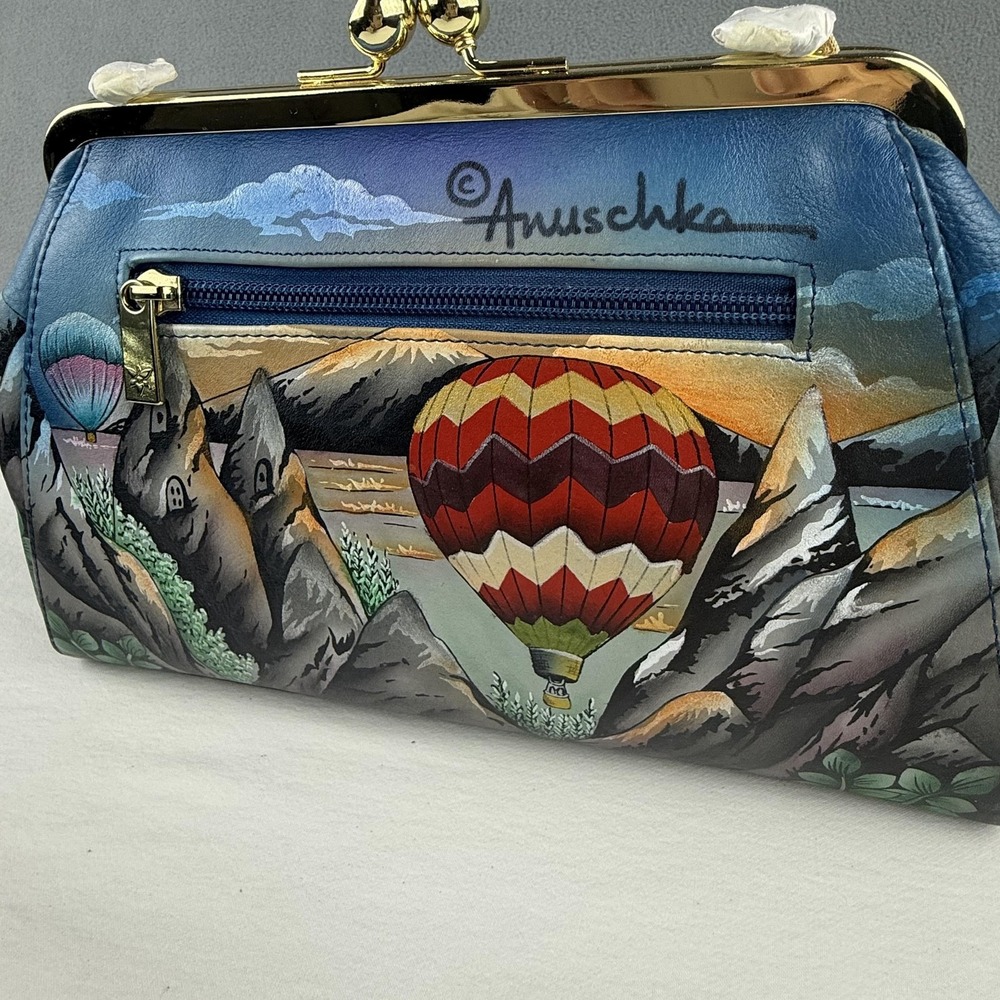 Anuschka Hand Painted Bag Purse Leather Hot Air Balloon Kiss Lock Crossbody NWT - Picture 8 of 14